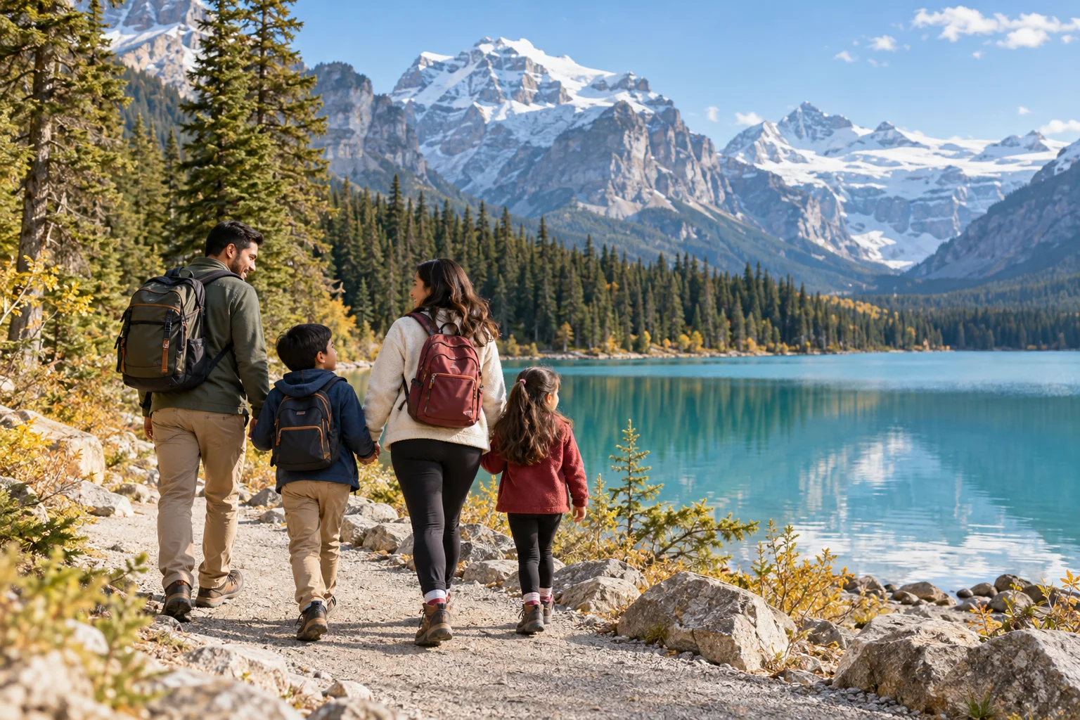 Cena ilustrativa de pais e filhos passeando junto a um lago azul nas Montanhas Rochosas canadenses