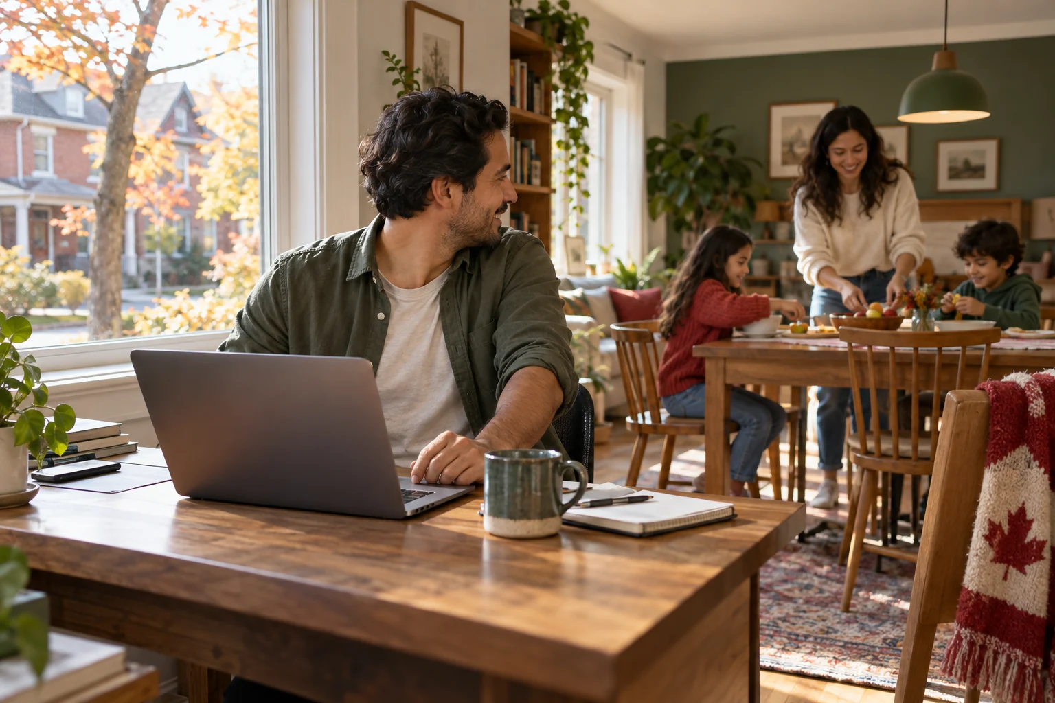 Cena ilustrativa de um profissional junto ao computador se voltando para a família reunida à mesa em uma casa acolhedora
