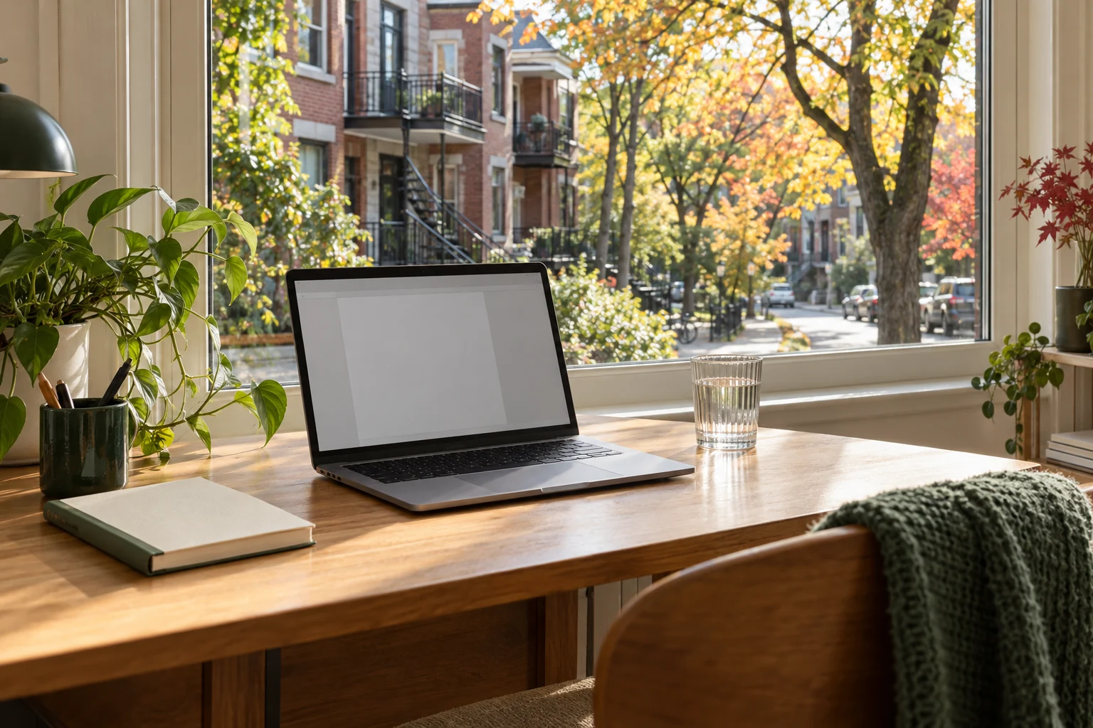 Espaço de trabalho remoto com vista para uma rua canadense no outono