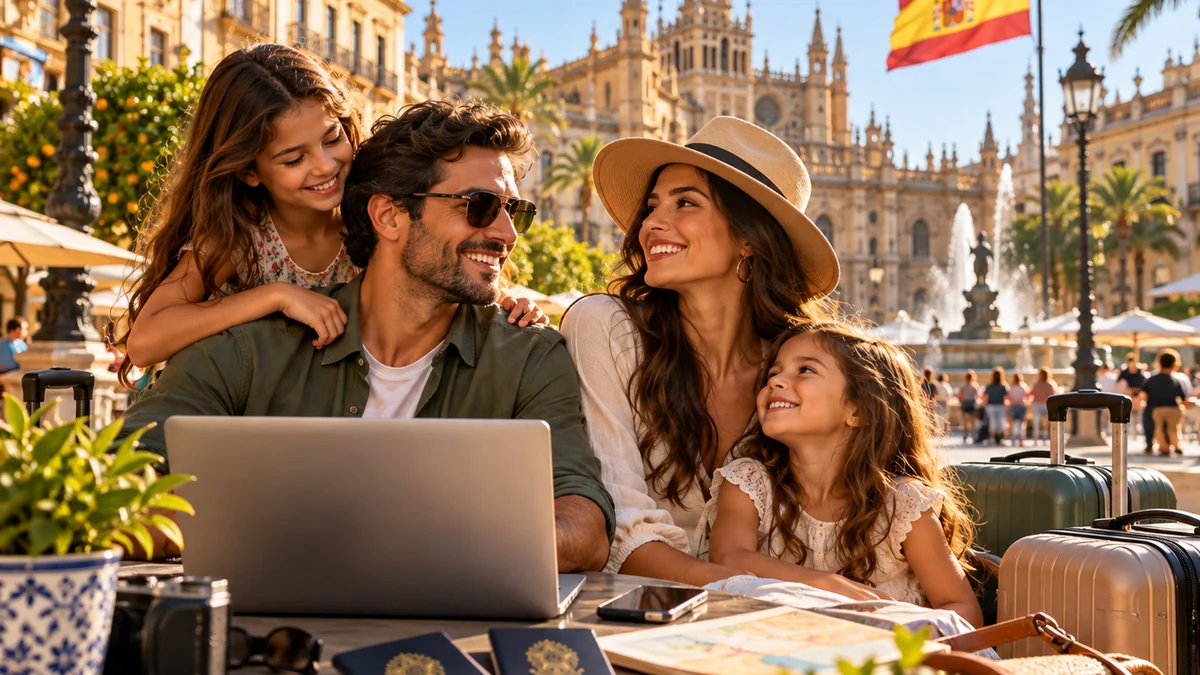 Cena ilustrativa de pais e filhos compartilhando um momento juntos em uma cidade espanhola