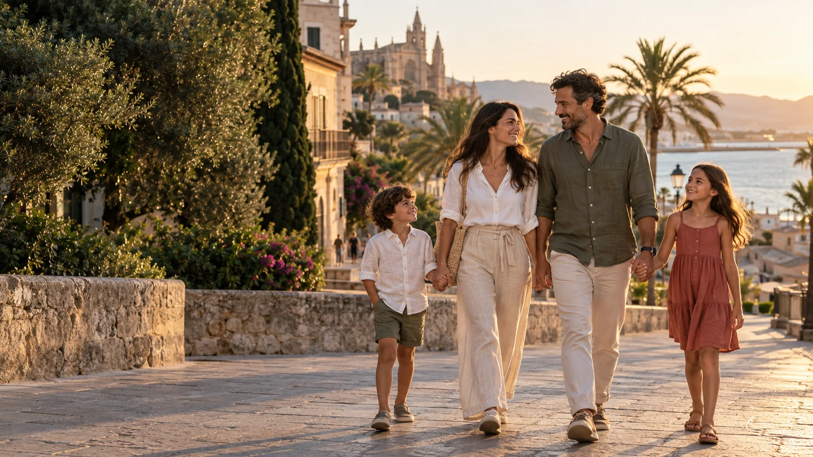 Cena ilustrativa de uma família caminhando em um passeio mediterrâneo ao fim da tarde