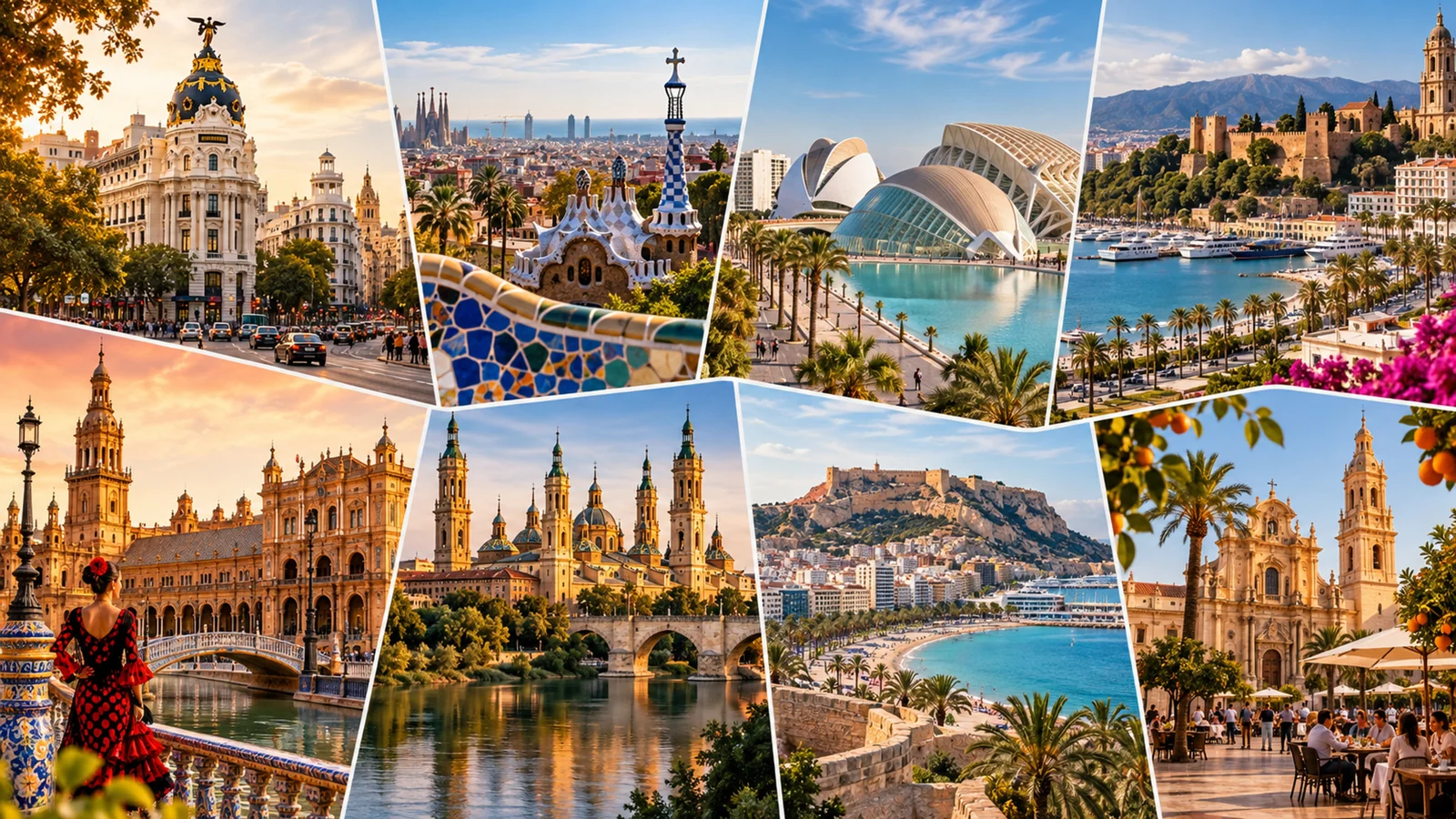 Montagem ilustrativa de arquitetura espanhola com praças e paisagens mediterrâneas