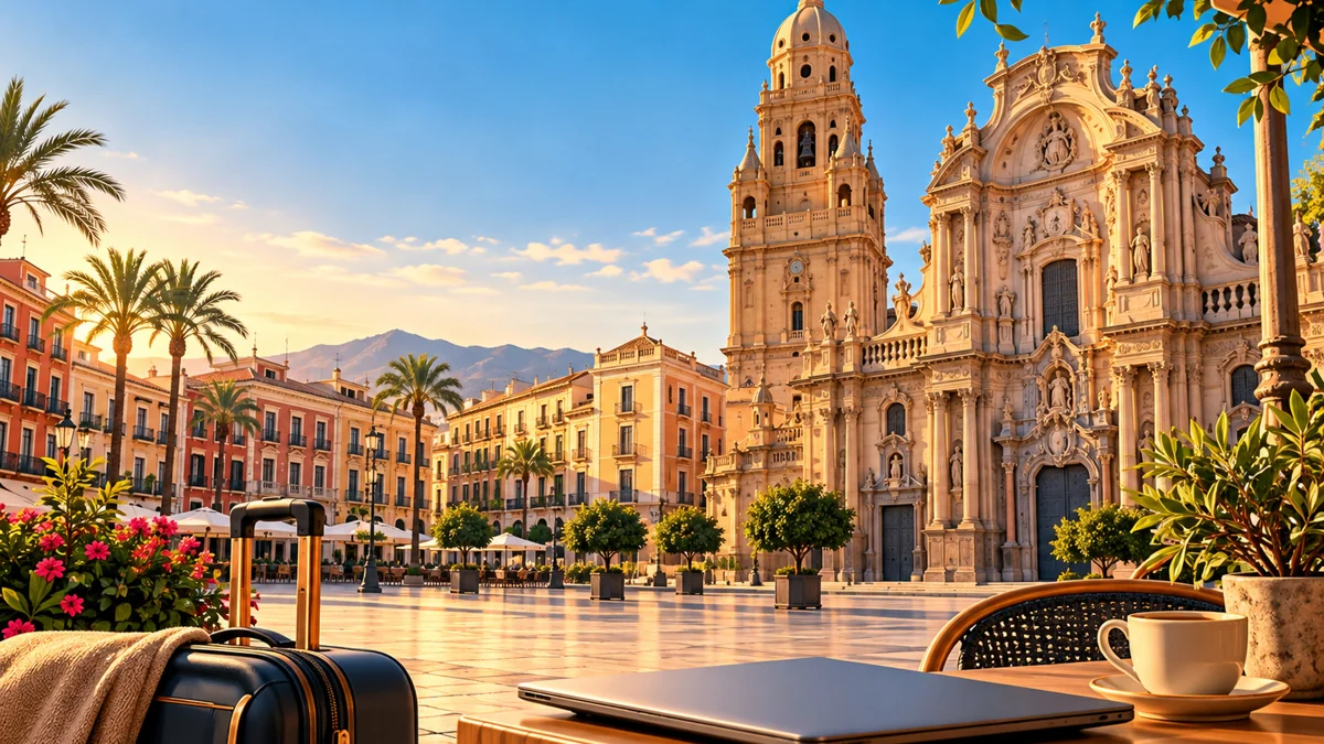 Cena ilustrativa de um café com computador e mala diante de uma praça espanhola