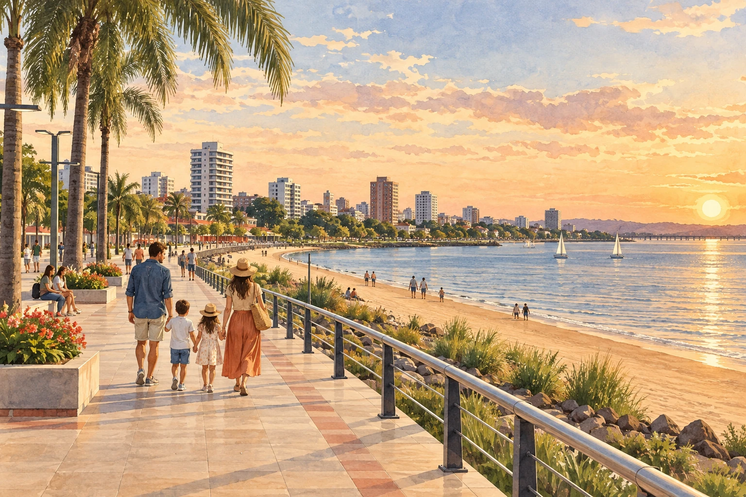 Ilustração de uma família passeando na orla de Encarnación junto ao rio Paraná