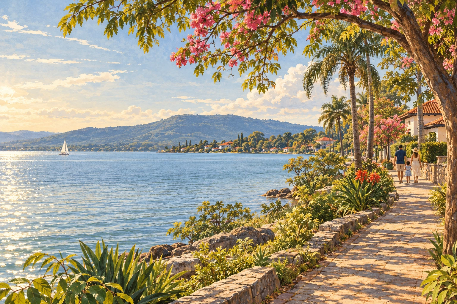 Ilustração de um passeio em família junto ao lago Ypacaraí em San Bernardino