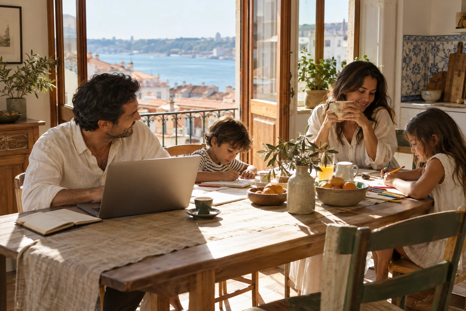 Cena ilustrativa de trabalho remoto em casa com a família reunida à mesa e vista para uma cidade portuguesa