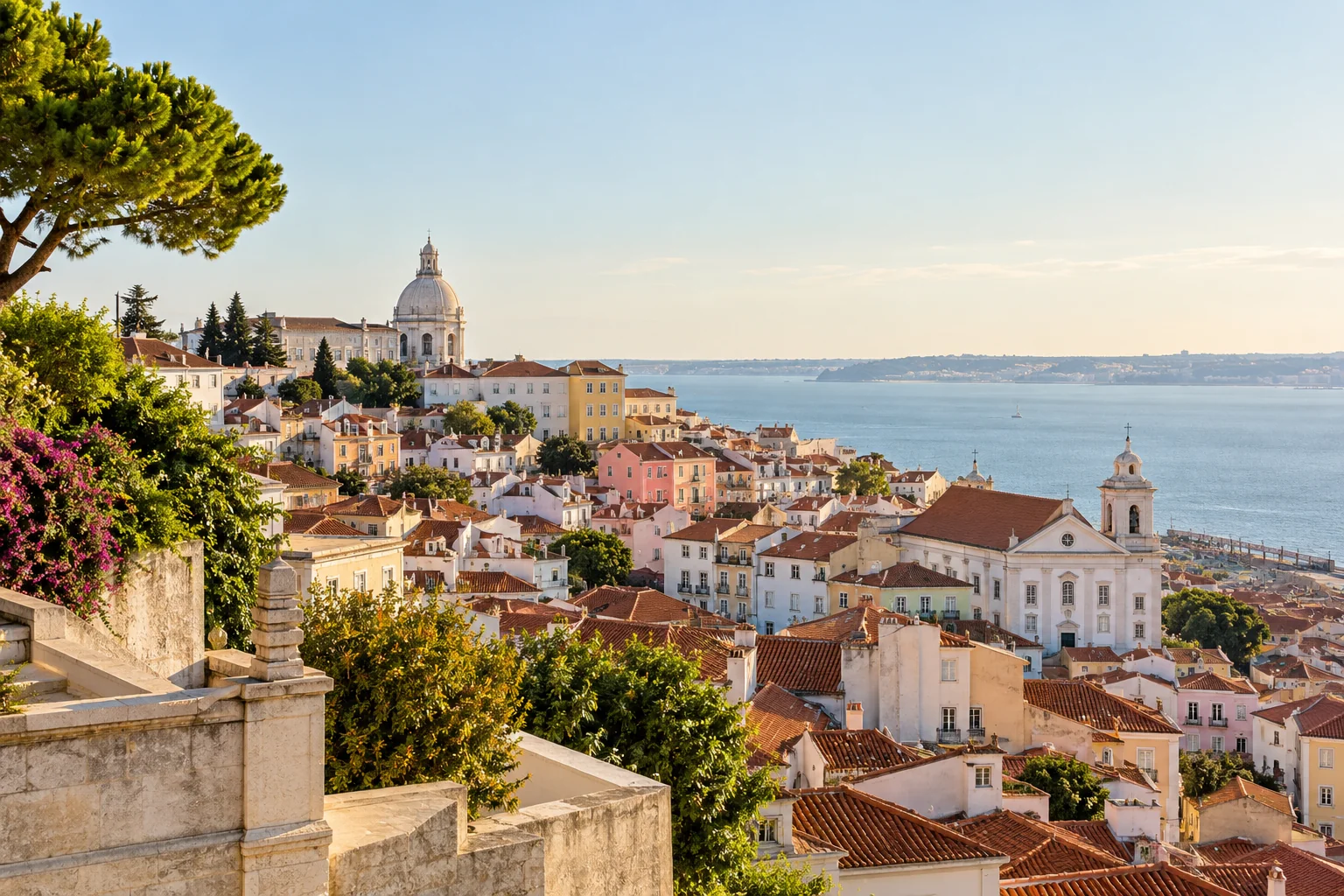 Paisagem ilustrativa de Lisboa e do rio Tejo para imaginar uma nova vida em Portugal