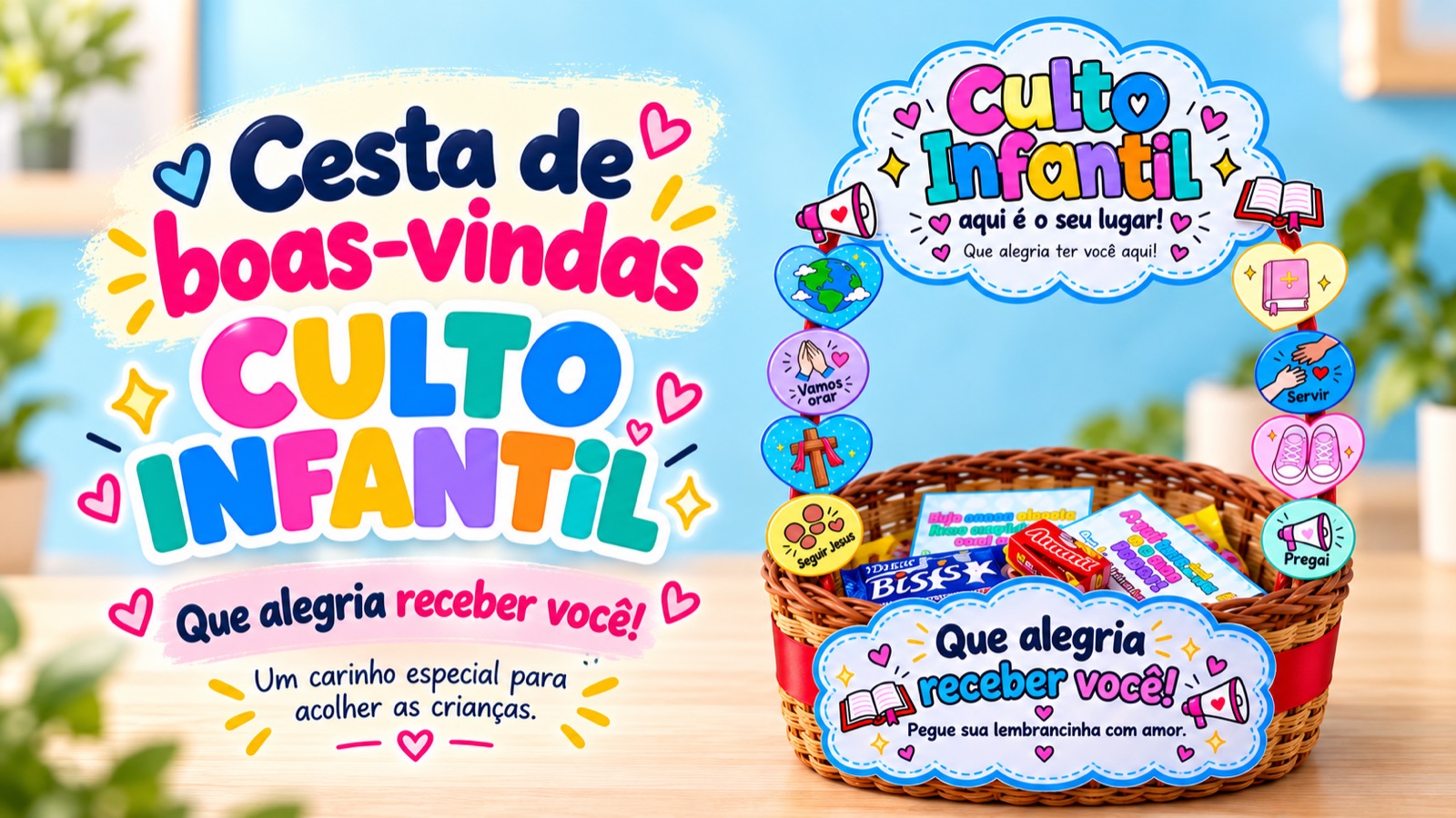 Kit Digital Cesta de Boas-Vindas para Culto Infantil | Lembrancinhas Cristãs